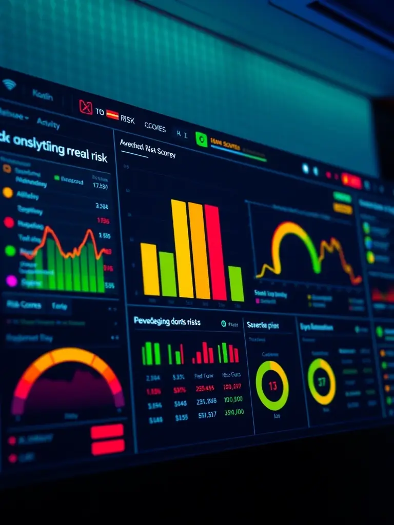 A dynamically updating dashboard displaying real-time risk scores for various decentralized finance protocols, with color-coded indicators for severity levels.