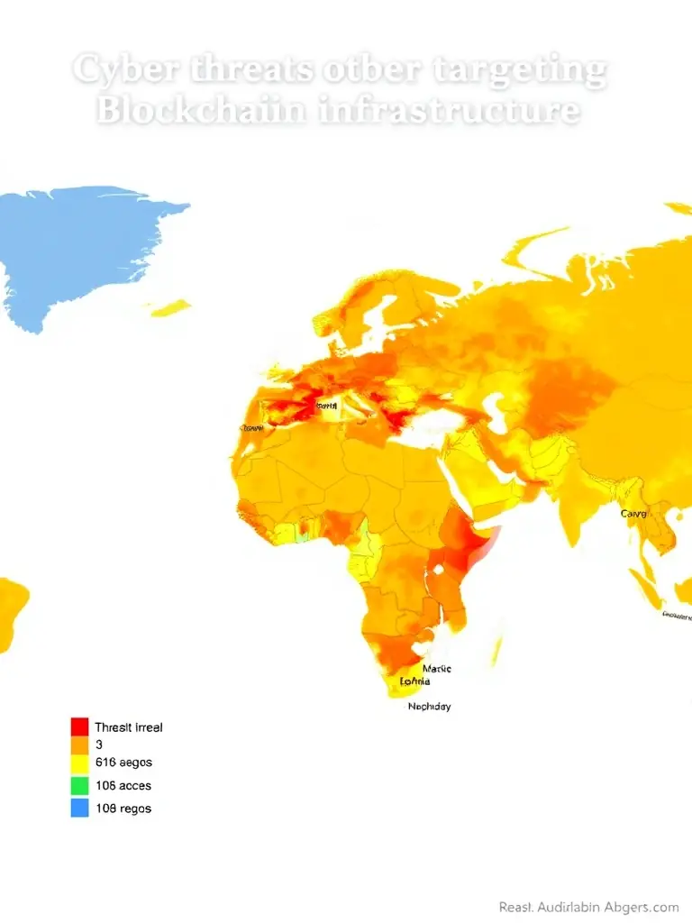 A heat map showing geographic distribution of cyber threats targeting blockchain infrastructure, indicating areas of high vulnerability.