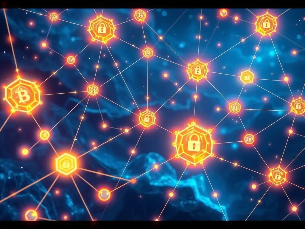A digital illustration depicting automated compliance checks within a blockchain network, highlighting efficiency and accuracy.