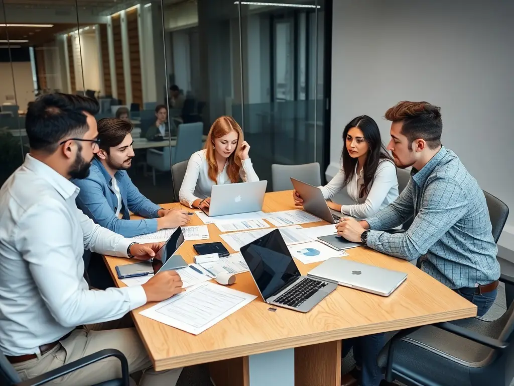 A professional workspace showcasing a team collaborating on compliance strategies, with visual aids displaying regulatory frameworks and blockchain network diagrams.